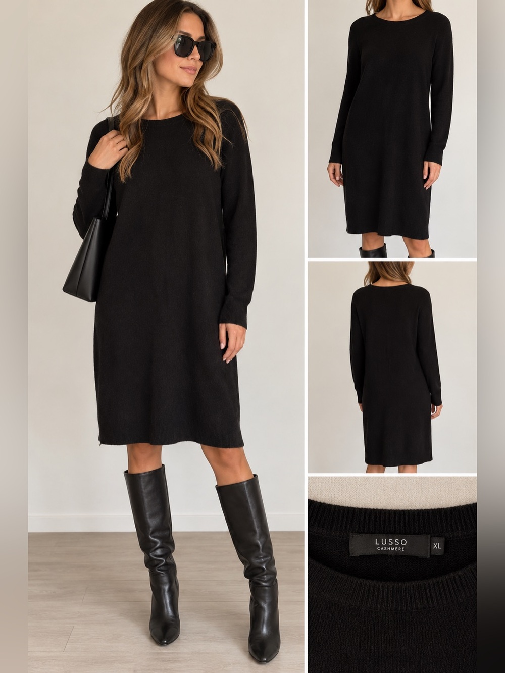 Lusso Cashmere Black Knit Midi Dress Size XL Luxury Soft Minimalist